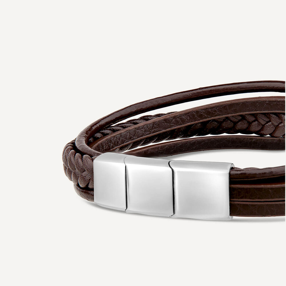 Men's Steel & Brown Multi Wrap Leather Plait Bracelet image number 3