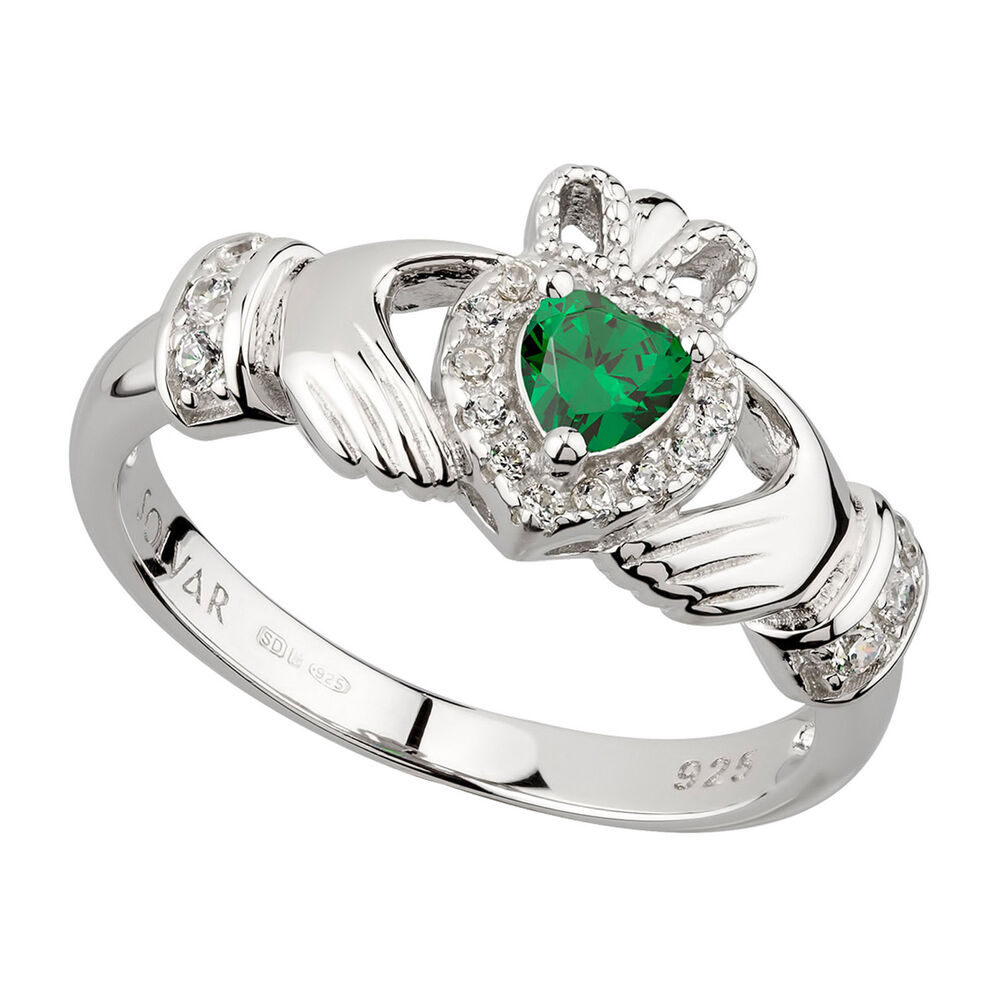 Solvar Sterling Silver Green Crystal Claddagh Ring