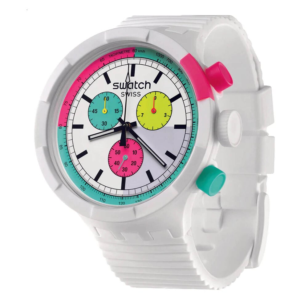 Swatch The Purity of Neon 44.80mm White Dial Silicone Strap Watch image number 0
