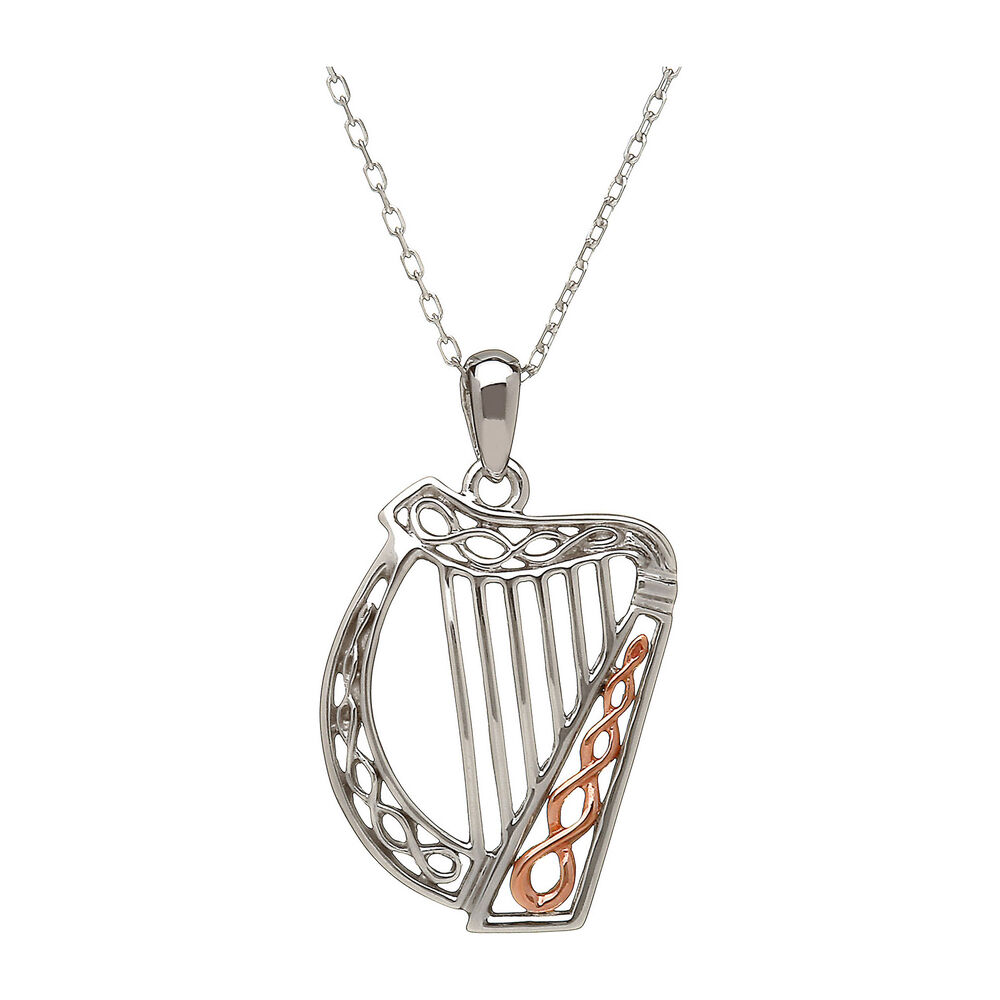 House of Lor 9ct Irish Rose Gold and Silver Harp Celtic Knot Pendant