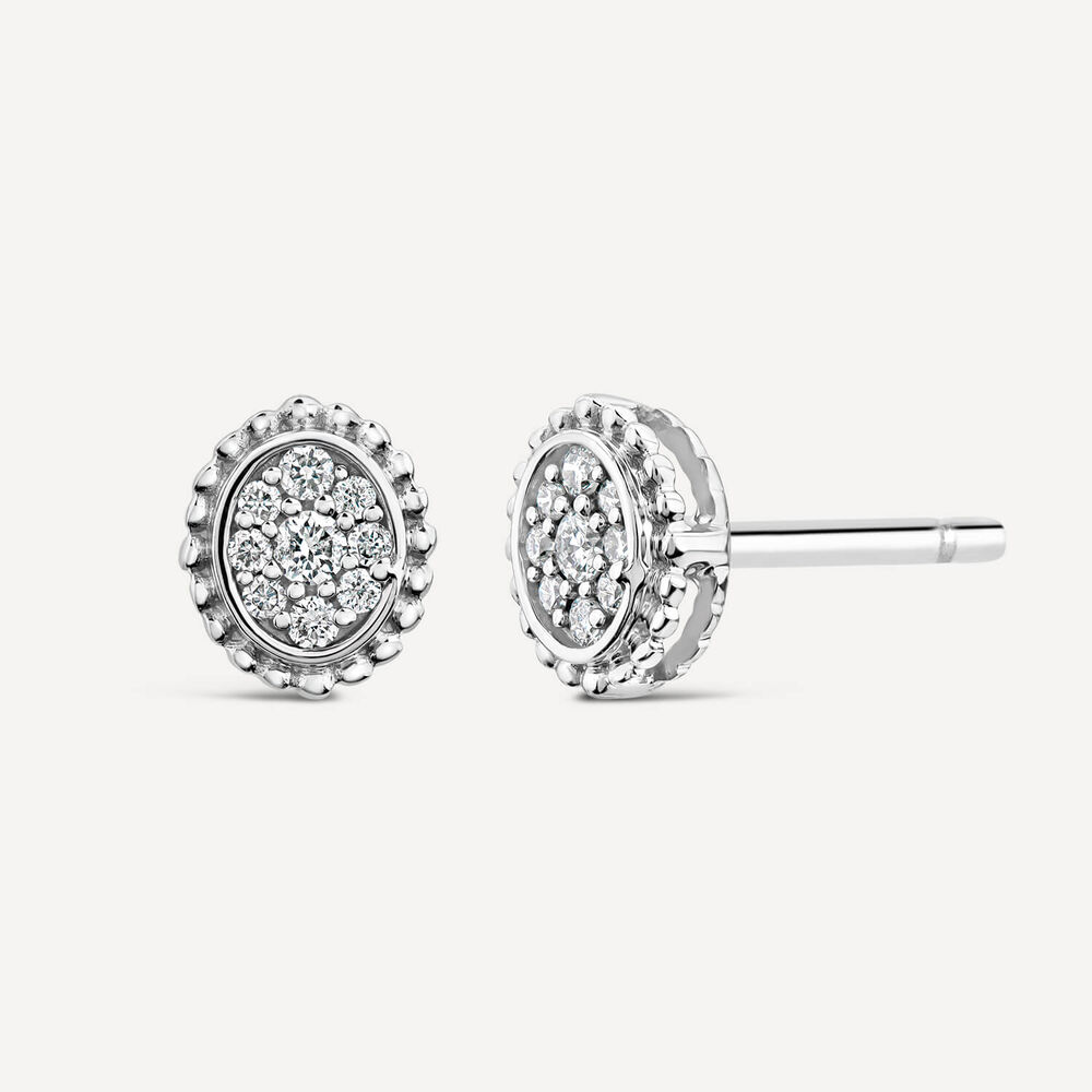 9ct White Gold 0.10ct Diamond Mystere Beaded Edge Oval Stud Earrings