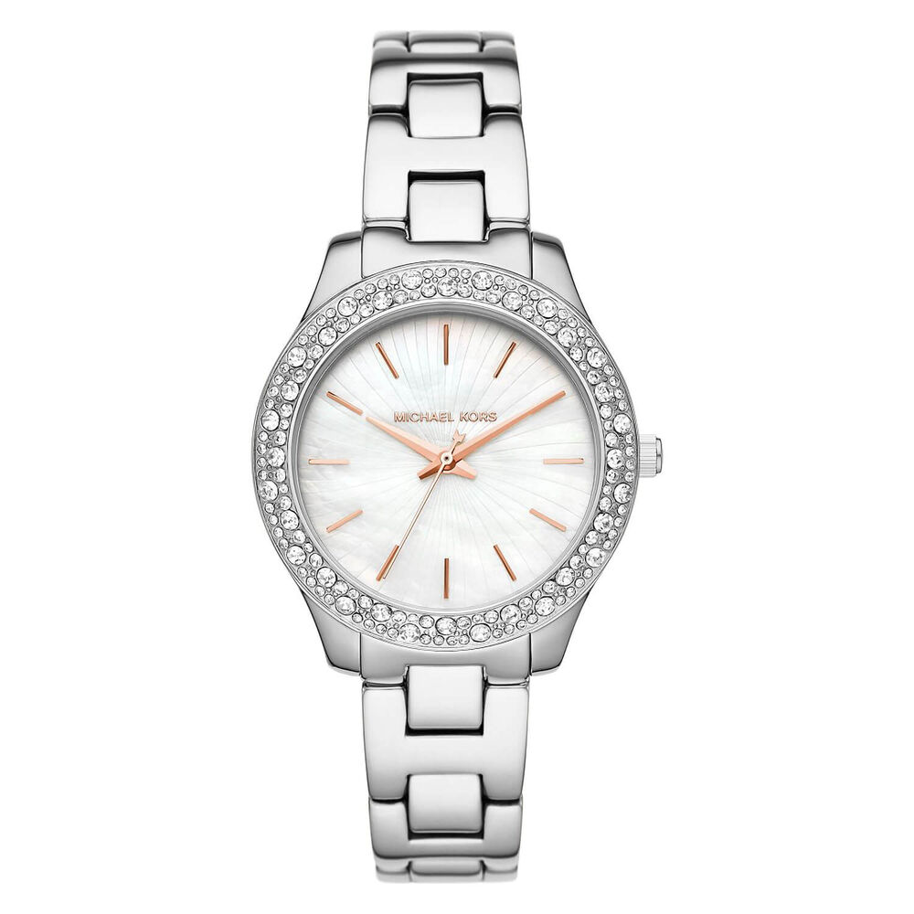 Michael Kors Liliane 36mm Mother of Pearl Dial Rose Gold Indexes Cubic Zirconia Set Bezel Steel Case Bracelet Watch
