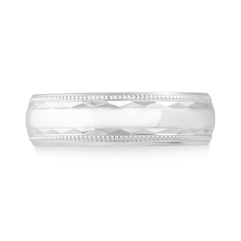 9ct White Gold Polished and diamond-cut with beaded edge 6mm Gents Wedding ring