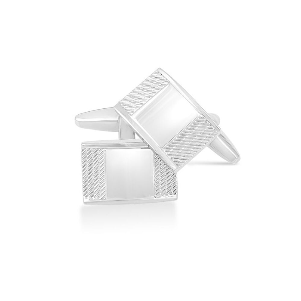 Silver Plated Mens Rectangular Plain and Lined Side Cufflinks image number 2