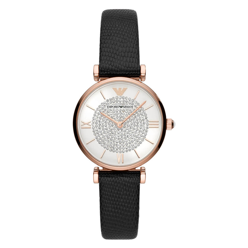 Emporio Armani Gianni T-Bar 32mm Silver Dial Rose Gold Case Black Strap Watch image number 0