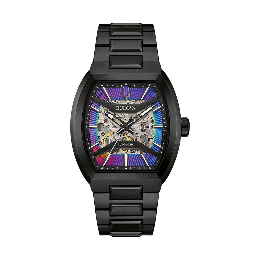 Bulova Maquina 40mm Variegated Coloured Skeleton Dial Black Ion Plated Steel Bracelet Watch image number 0