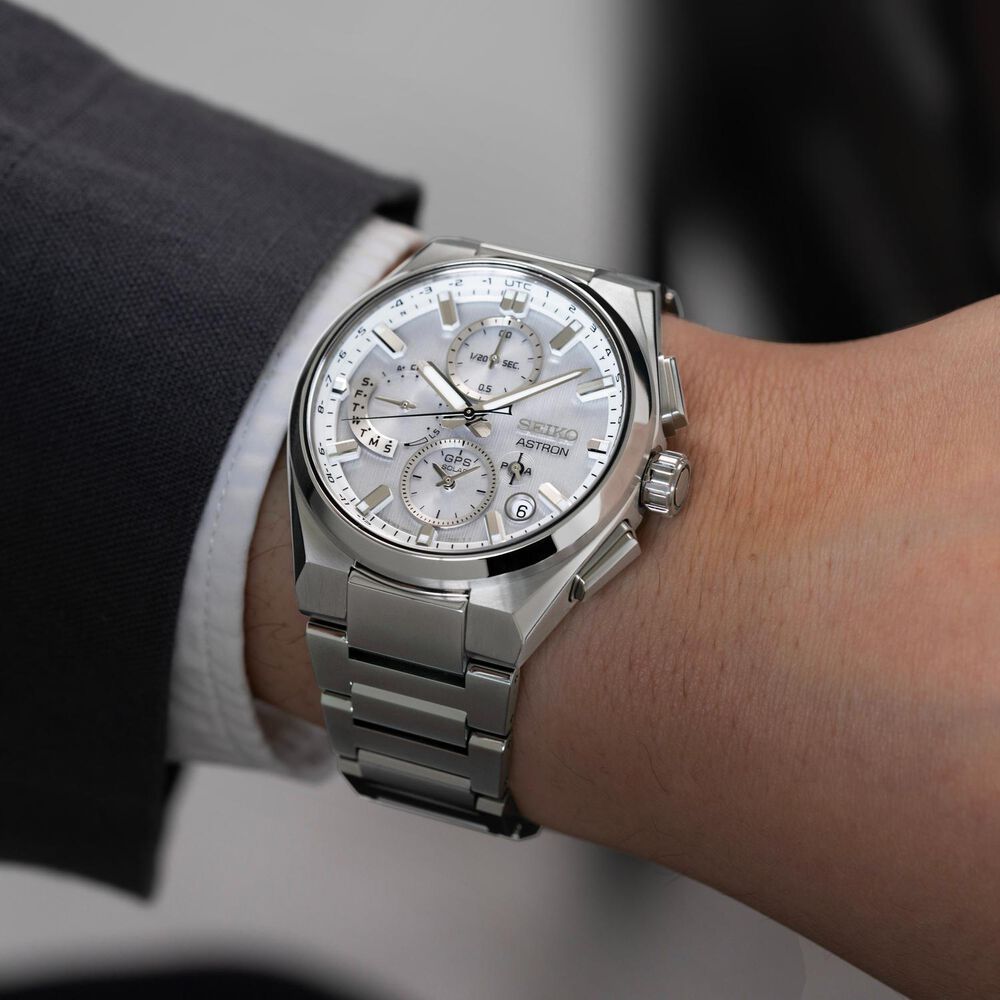Seiko Astron GPS Solar 5X Dual-Time Chronograph 42mm Silvery White Dial Titanium Bracelet Watch image number 6