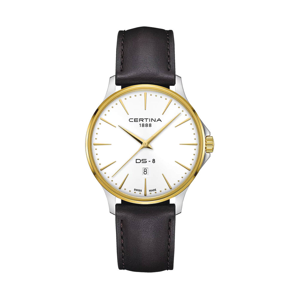 Certina DS-8 Gent 40mm White Dial Gold PVD Bezel Black Leather Strap Watch image number 0