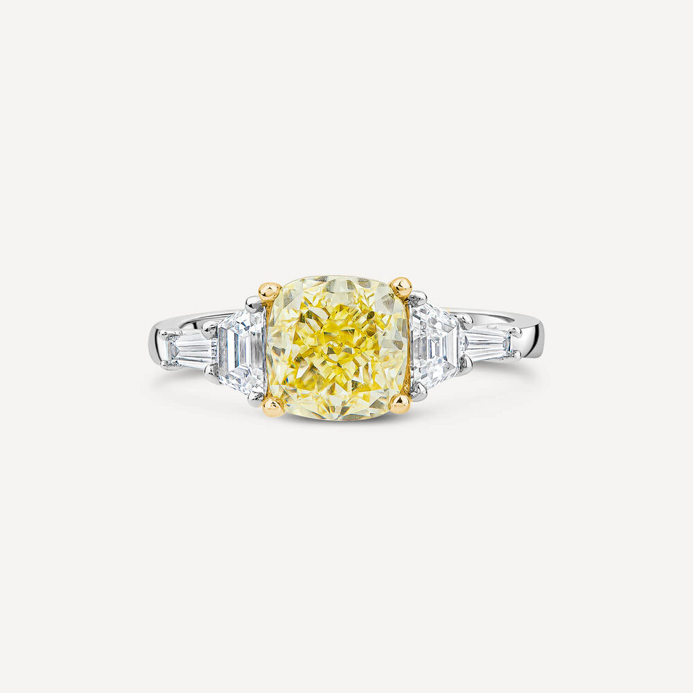 Born Platinum & 18ct YG 2.6ct Yellow Cushion Centre Tapered Shaped Lab Grown Diamond Sides Ring image number 1