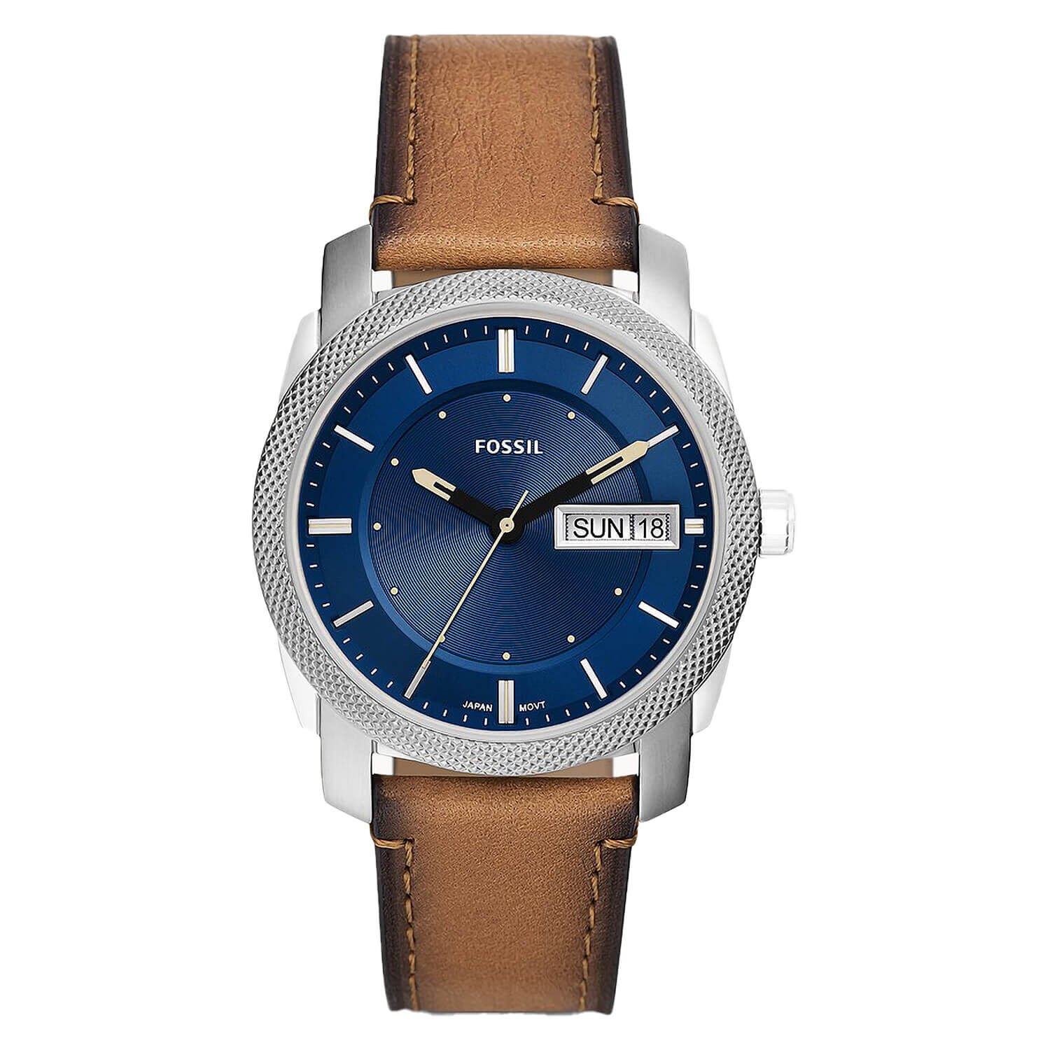 Fossil Machine 42mm Blue Dial Tan Strap Watch