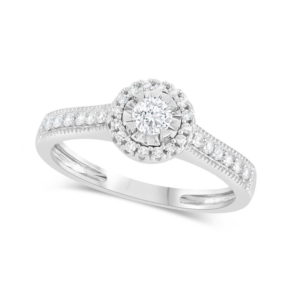 9ct White Gold Illusion Set 0.33ct Diamond Halo and Pave Shoulders Ring