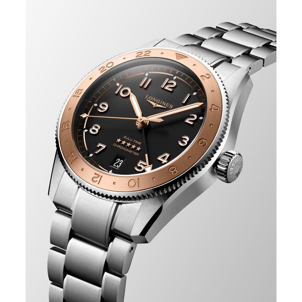 Longines Spirit Zulu Time 1925 39mm Black Dial 18kt Rose Gold Bezel Steel Bracelet Watch image number 2