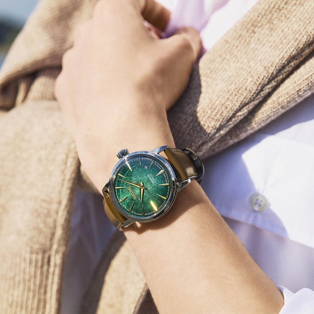 Seiko Presage Cocktail Time Crushed Ice &lsquo;Mint Mist&rsquo; 38.5mm Green Dial Leather Strap Watch