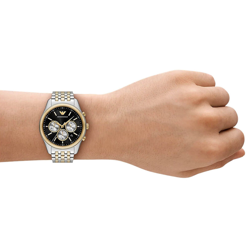 Emporio Armani 41mm Black Dial Two Tone Stainless Steel Bracelet Chronograph Watch image number 4