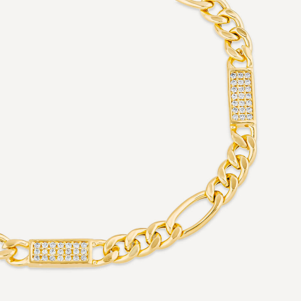 Silver & Yellow Gold Plated Figaro & Cubic Zirconia Bar Centre Bracelet image number 1