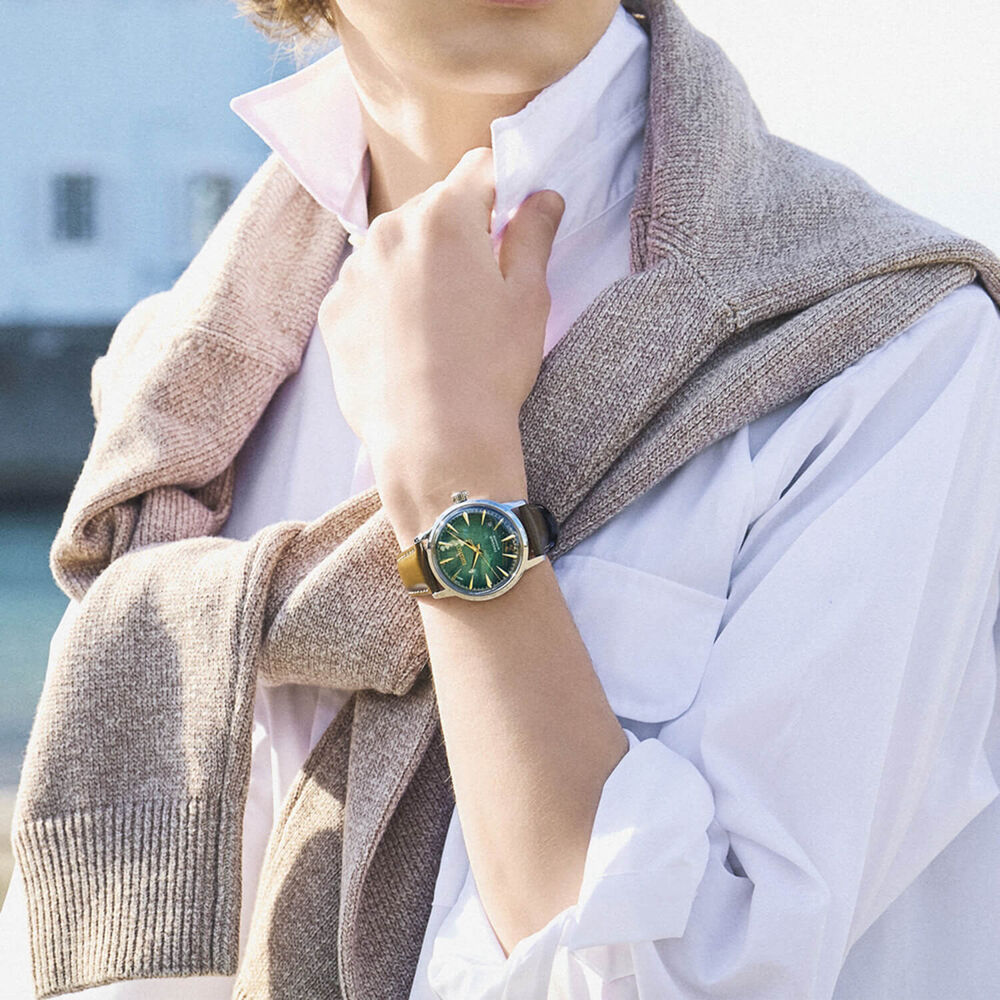 Seiko Presage Cocktail Time Crushed Ice &lsquo;Mint Mist&rsquo; 38.5mm Green Dial Leather Strap Watch
