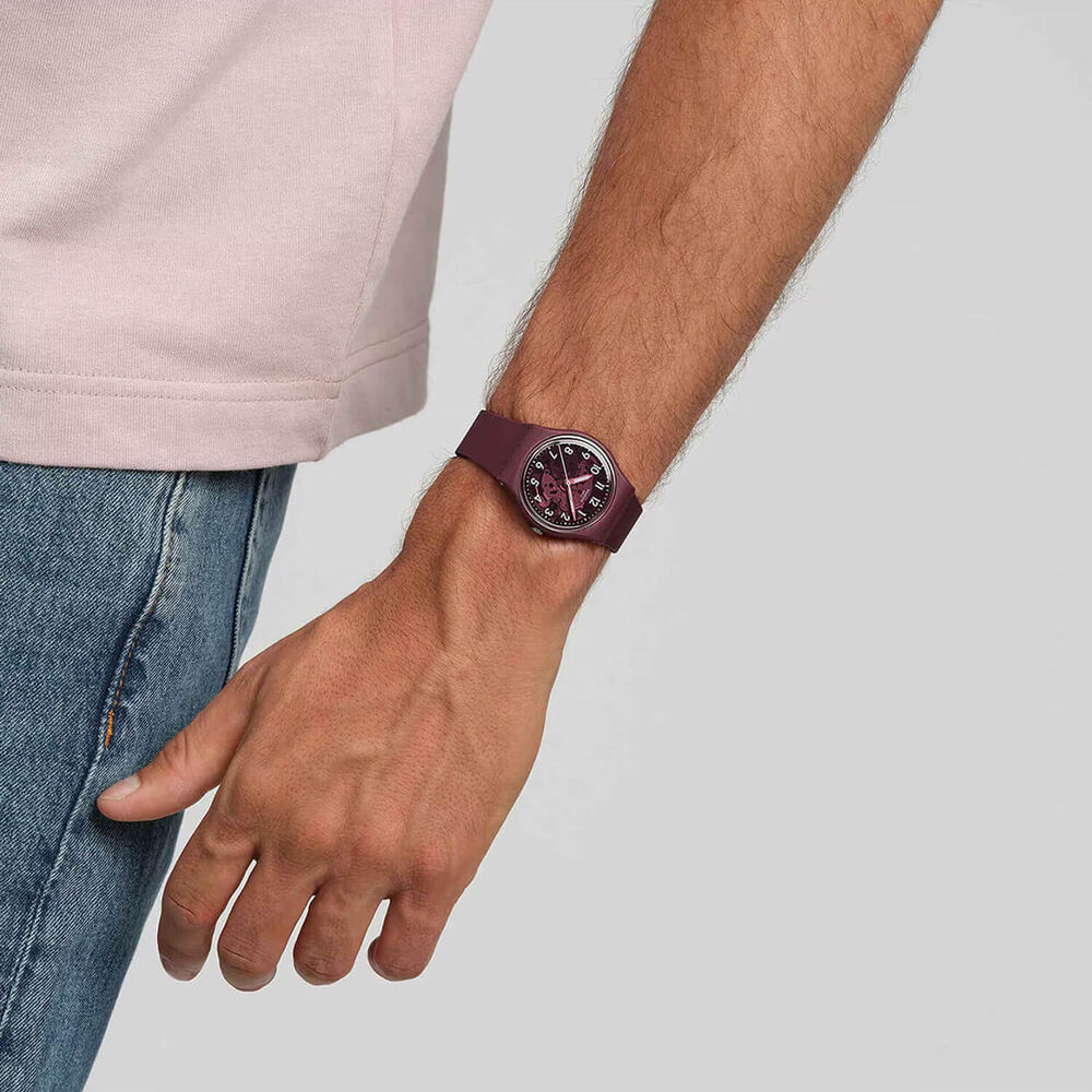 Swatch Thru The Crown Glass 34mm Burgundy Dial Silicone Strap Watch image number 4
