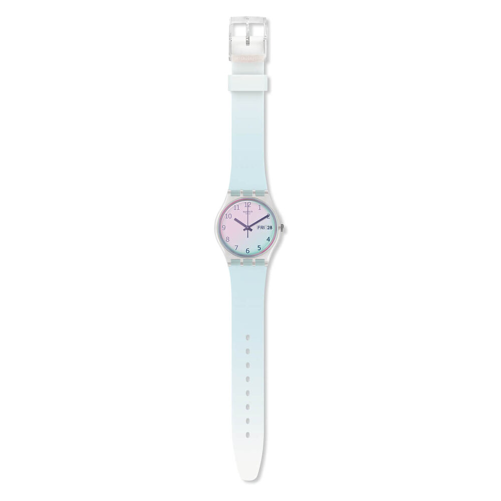 Swatch Ultraceil 34mm White Case Pink Dial Blue Silicone Strap Ladies Watch