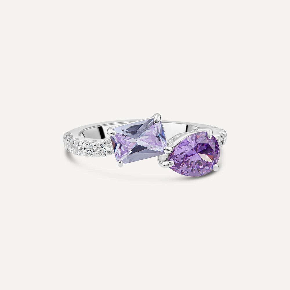 Sterling Silver Pear & Emerald Cut Purple & Lavender Cubic Zirconia Toi Et Moi Shoulders Ring image number 2