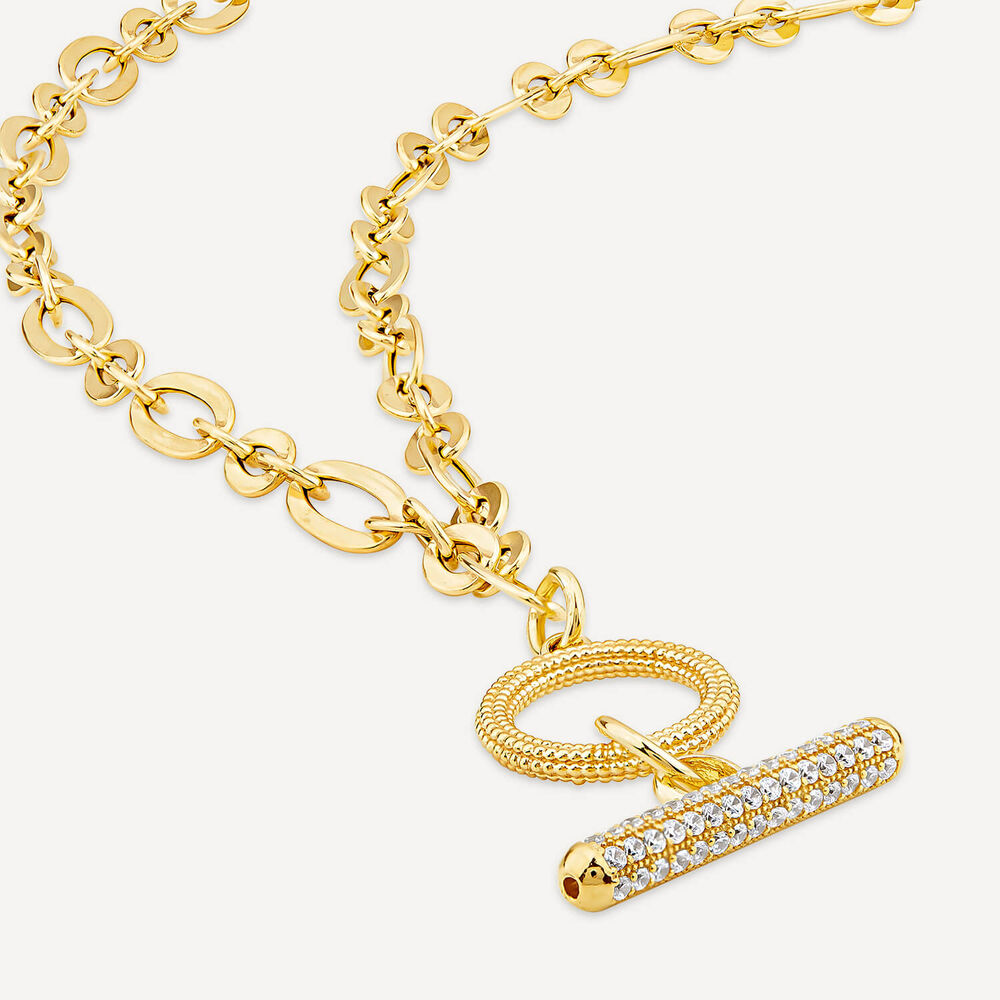Sterling Silver & Yellow Gold Plated Figaro Cubic Zirconia T-Bar Necklet image number 3