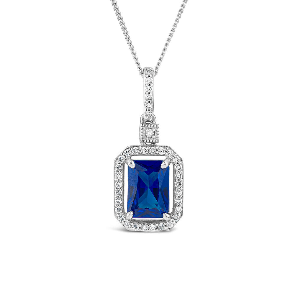 9ct White Gold Rectangular Created Tanzanite & Diamond Cluster Bale Pendant image number 0