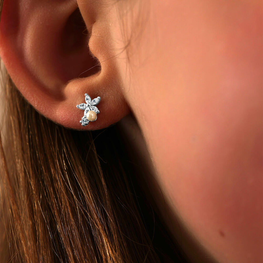 Sterling Silver Pearl and Cubic Zirconia Flower Earrings image number 2