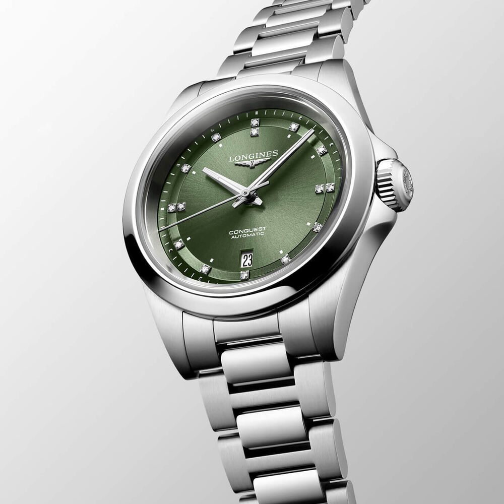 Longines Conquest 30mm Green Dial Diamond Dots Steel Bracelet Watch image number 1