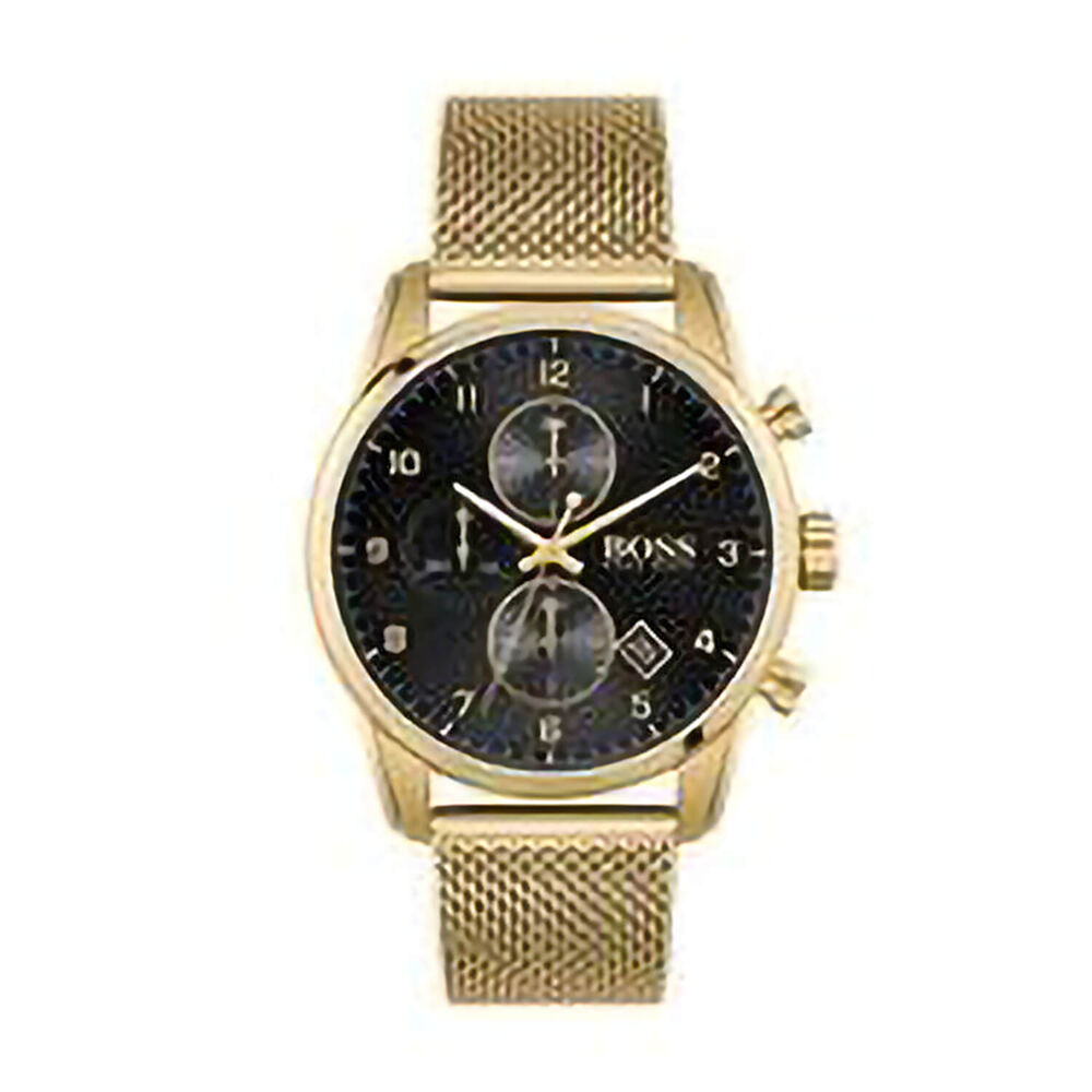 Hugo Boss Skymaster 44mm Chronograph Black Dial Yellow Gold IP Mesh Bracelet Watch image number 0