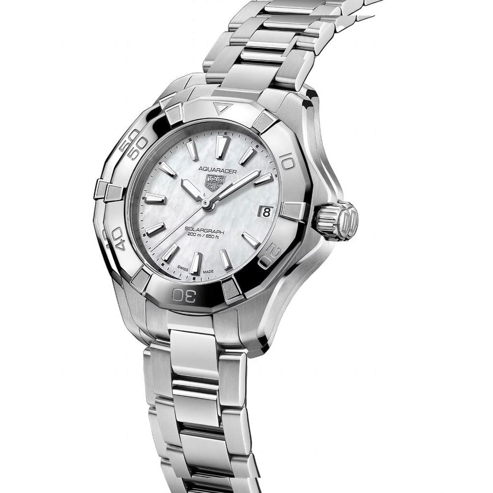 TAG Heuer Aquaracer Professional 200 Solargraph 34mm White Mother of Pearl Dial Steel Bracelet Watch image number 1