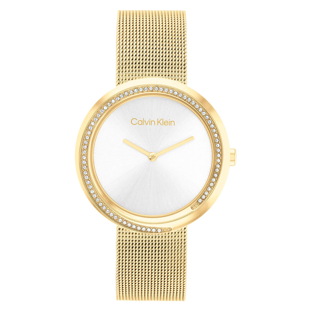 Calvin Klein Sculptural Twisted Bezel 34mm White Dial Yellow Gold Bracelet Watch