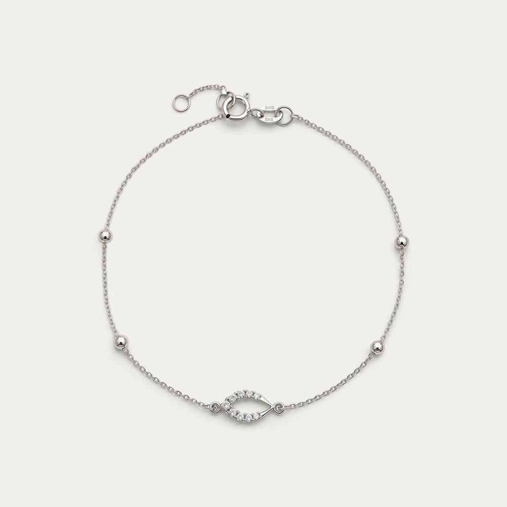 9ct White Gold Beaded Chain Open Oval Cubic Zirconia Set Charm Bracelet