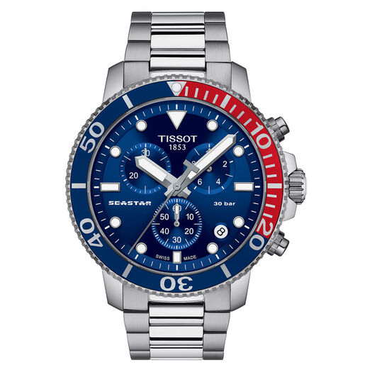 Tissot Seastar Quartz 45.5mm Blue Dial Chronograph Red & Blue Bezel Steel Case Bracelet Watch