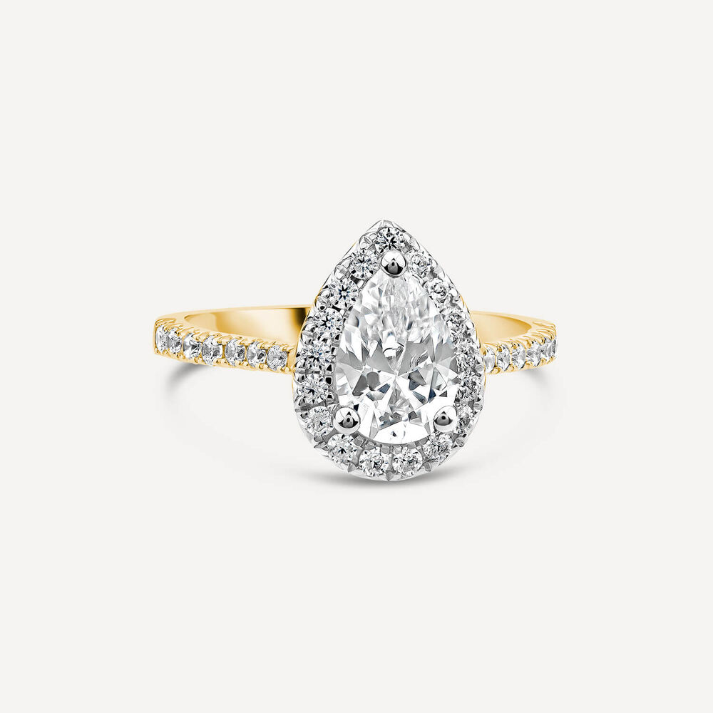 Born 18ct Yellow Gold 1.61ct Lab Grown Pear Halo & Diamond Sides Ring image number 2
