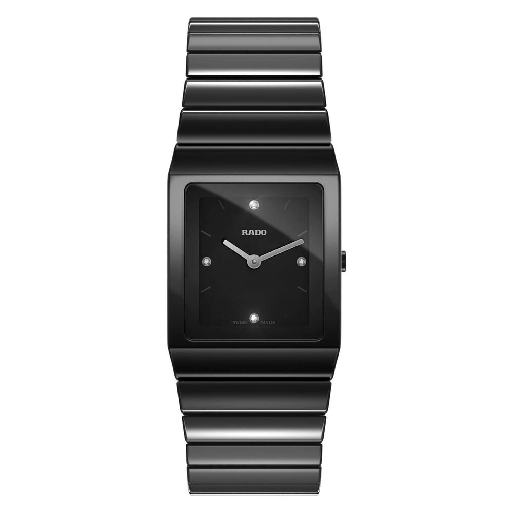 Rado Ceramica Rectangle Diamond Dot Dial Black Ceramic Case Bracelet Watch