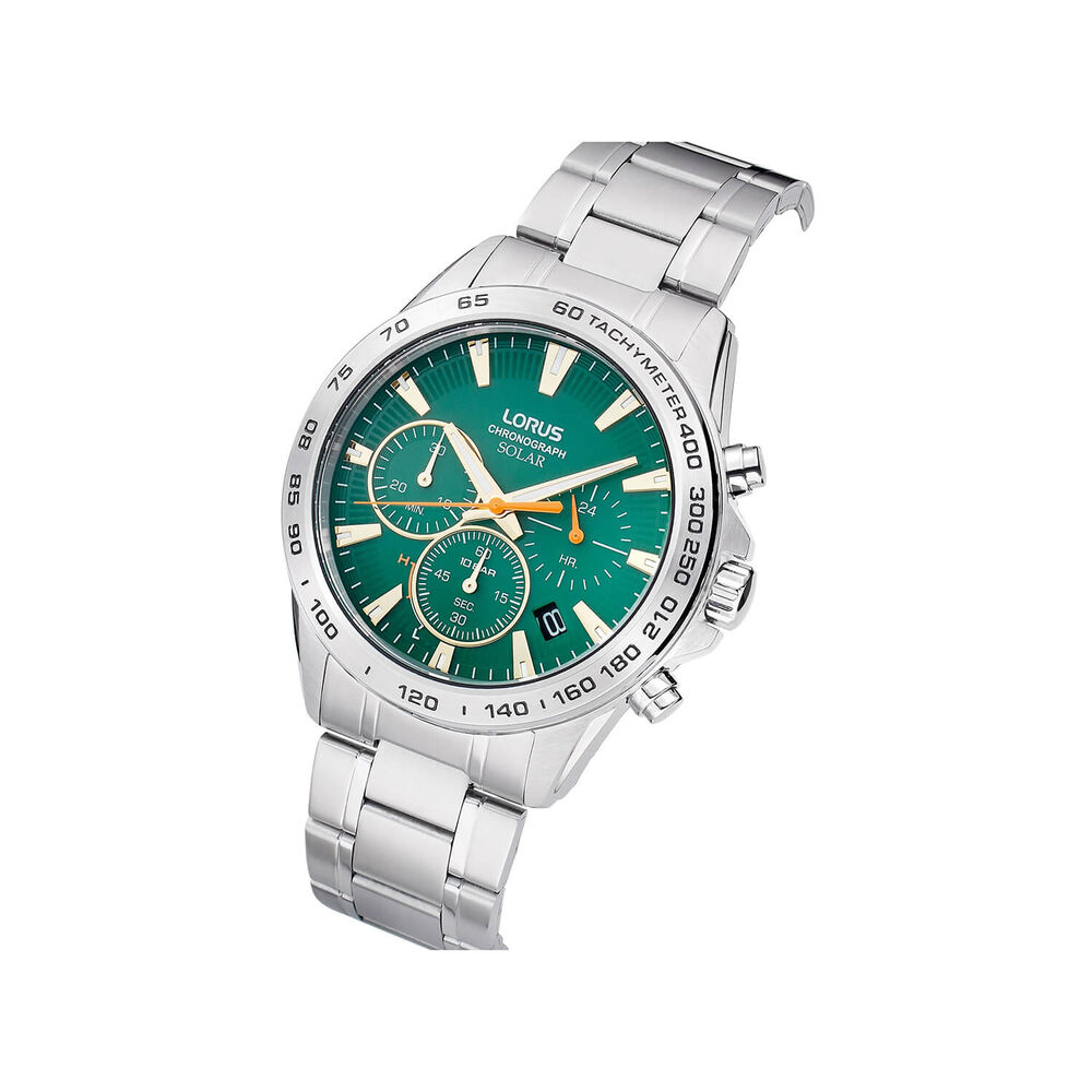 Lorus Solar Chronograph 43.8mm Dark Green Sunray Dial Steel Bracelet Watch image number 1