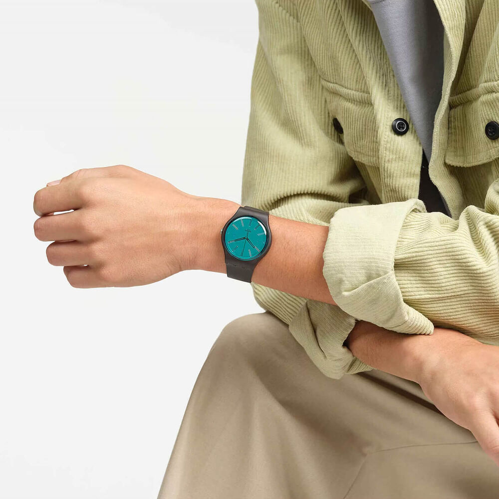Swatch Dark Duality 41mm Blue Dial Brown Strap Watch image number 4