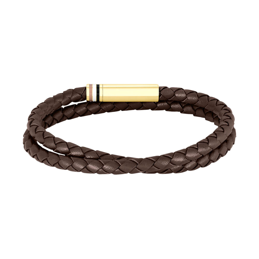 BOSS Ares Brown Leather Gold Tone Steel Plate Bracelet