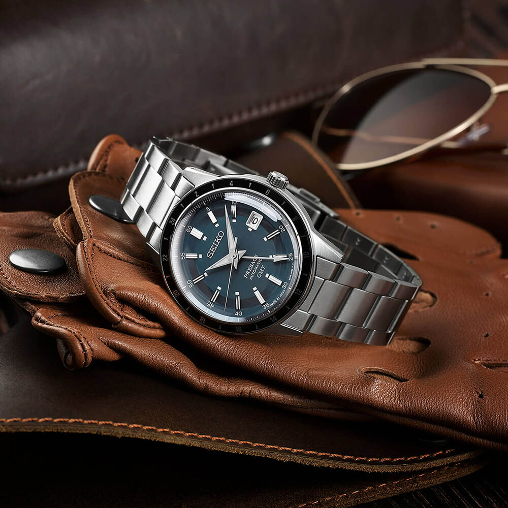 Seiko Presage Style60's GMT 40.75mm Petrol Blue Dial Stainless Steel Bracelet Watch image number 2