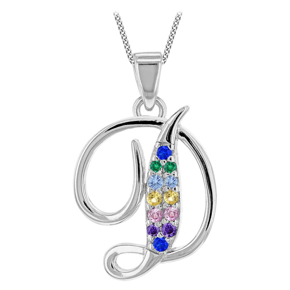 Sterling Silver Coloured Stone Set Initial "D" Pendant - Chain Included image number 0