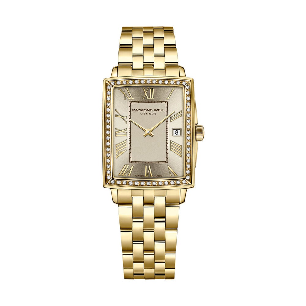 Raymond Weil Toccata 22x28mm Champagne Dial Diamond Bezel Gold PVD Steel Bracelet Watch