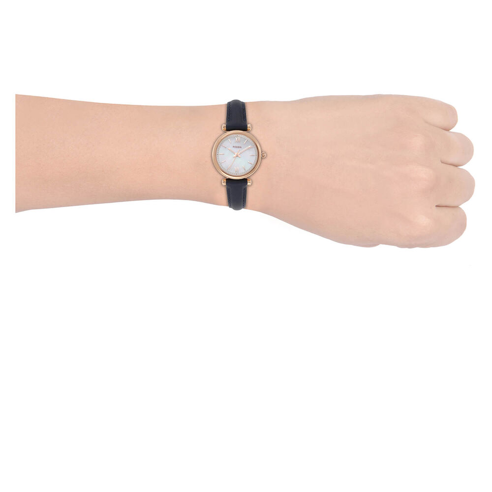 Fossil Carlie 28mm Mother of Pearl Dial Rose Gold IP & Steel Case Blue Leather Strap Watch image number 2