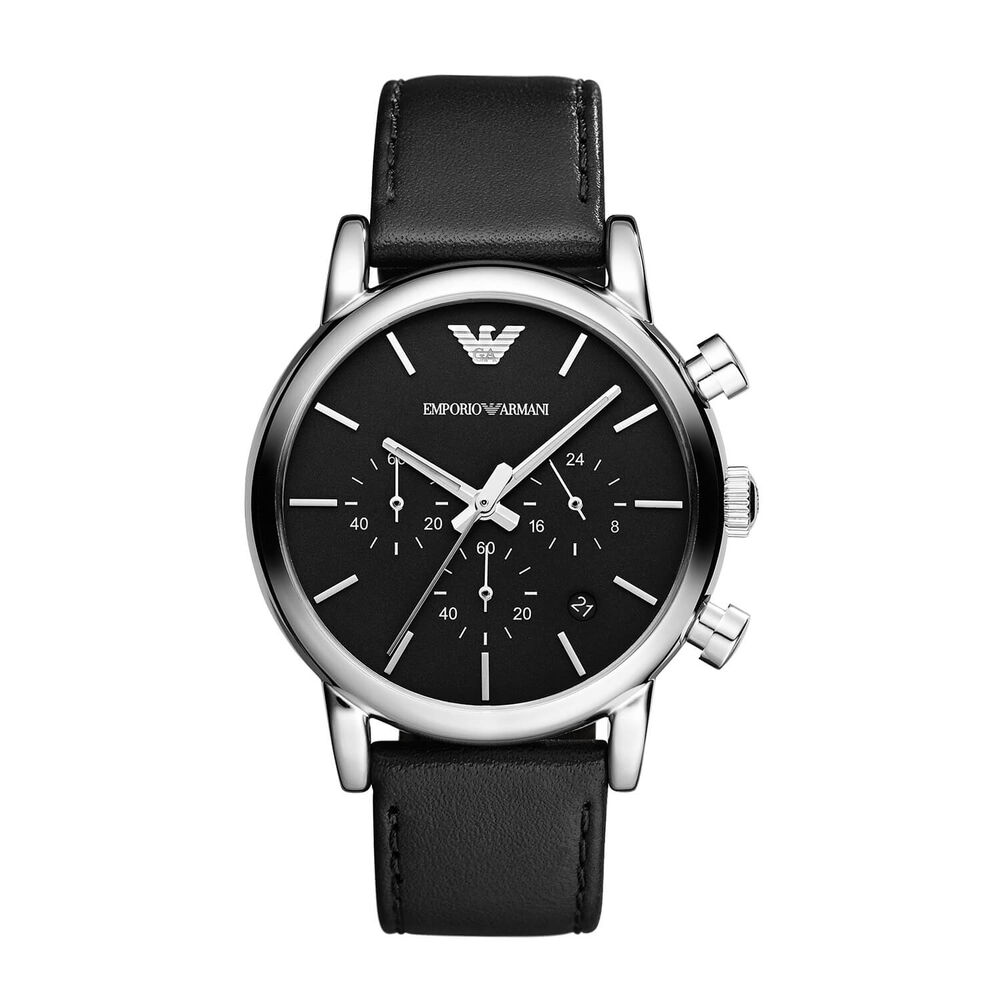 Emporio Armani men's chronograph black leather strap watch