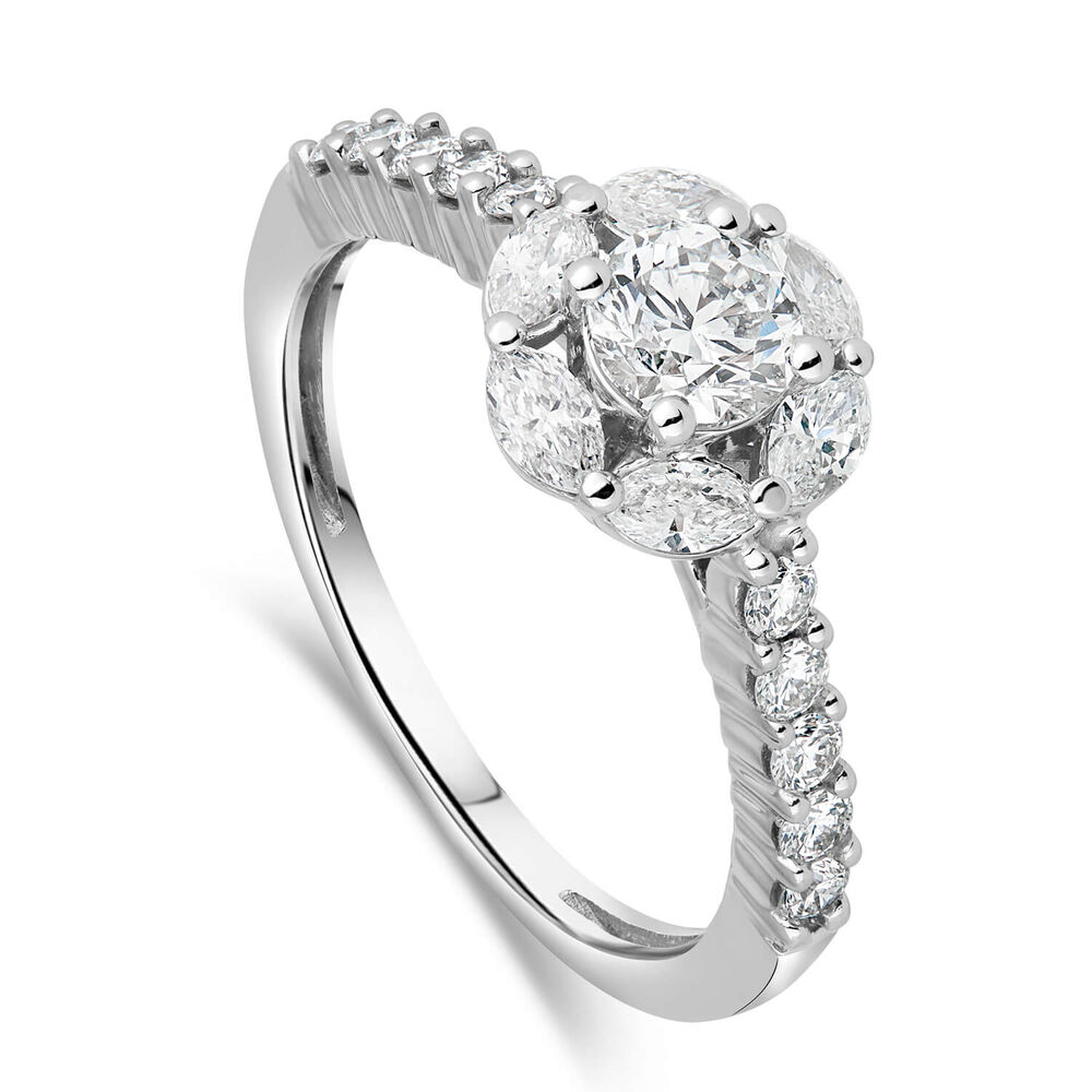 18ct White Gold Round Cluster Marq Petals Stone Set Shoulders 0.95 ct Ring image number 0