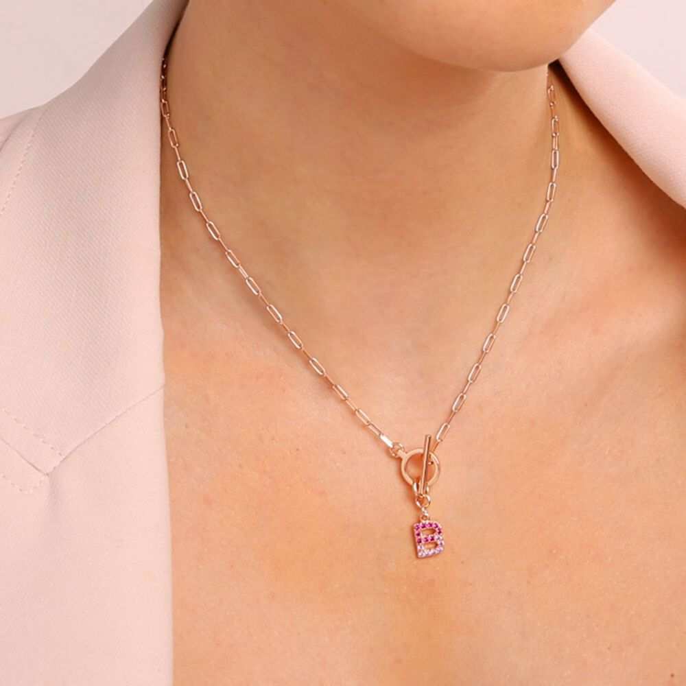Bronzallure Mini Paper Link With Latter B Pave And T-Bar Necklace image number 2