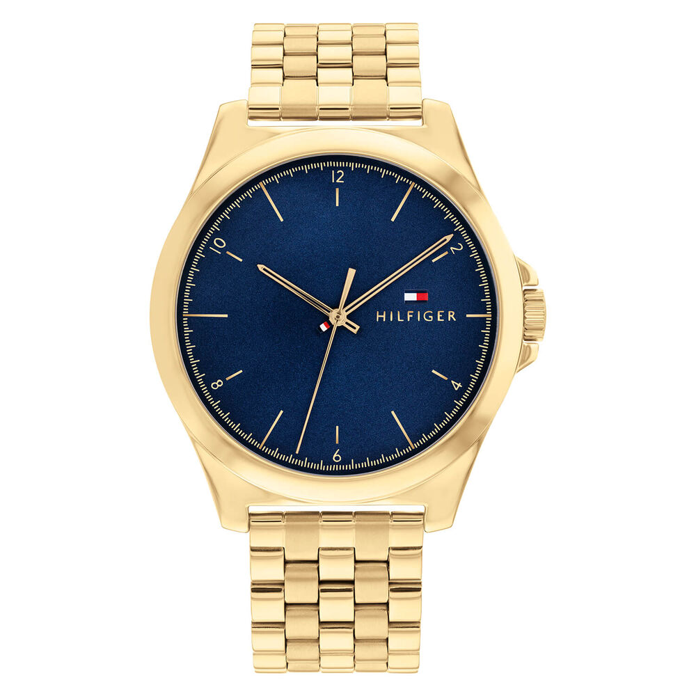 Tommy Hilfiger 42mm Blue Dial Yellow Gold IP Steel Bracelet Watch