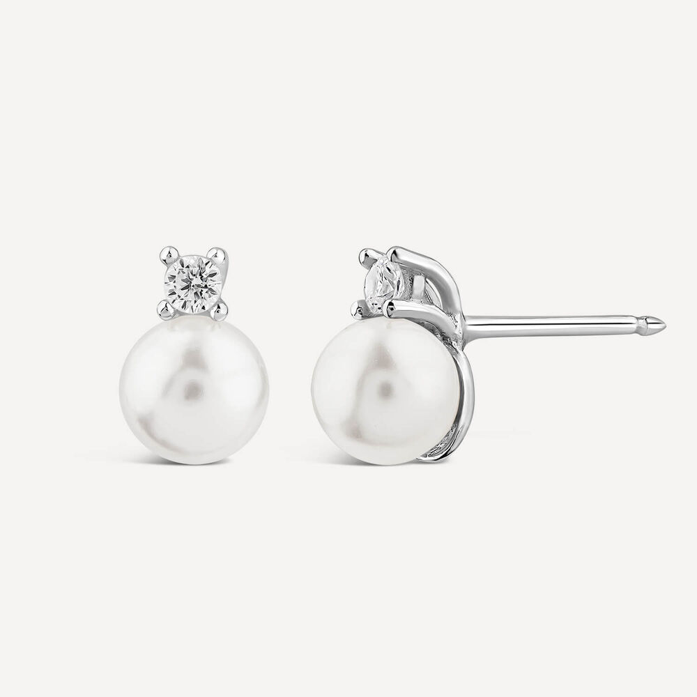 Sterling Silver Pearl & Cubic Zirconia Top Stud Earrings