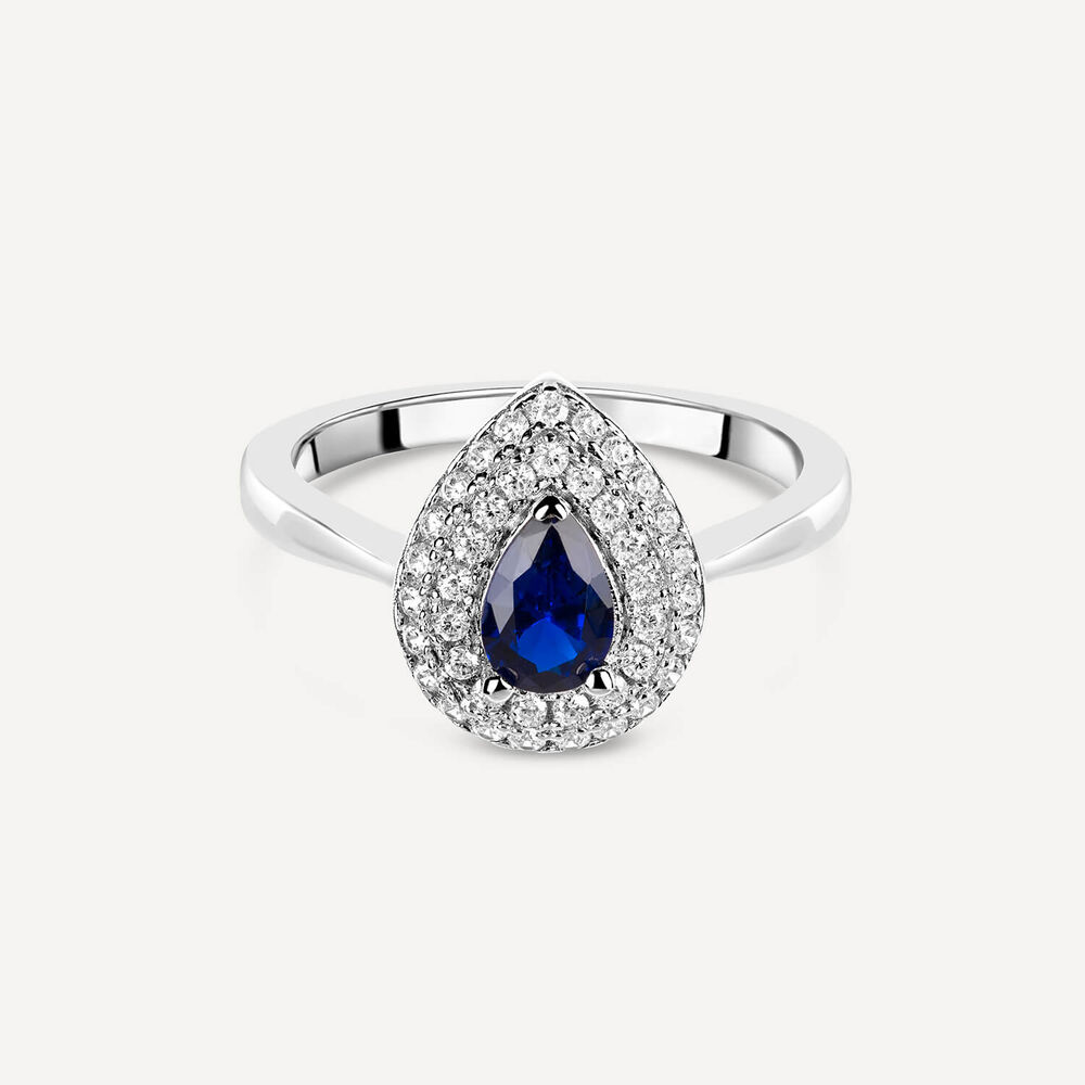 Silver Blue and White Cubic Zirconia Pear-Shaped Ring image number 4