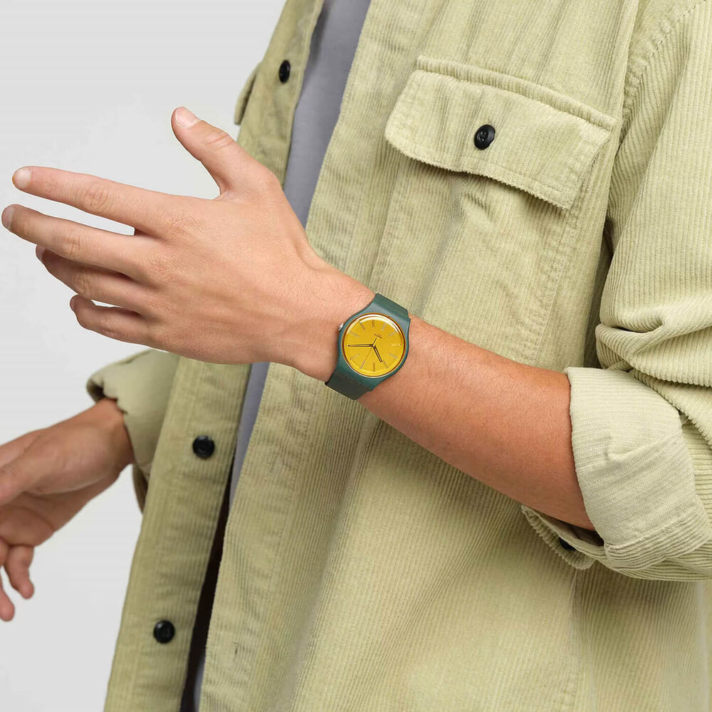 Swatch Gold in The Garden 41mm Yellow Dial Green Strap Watch image number 3