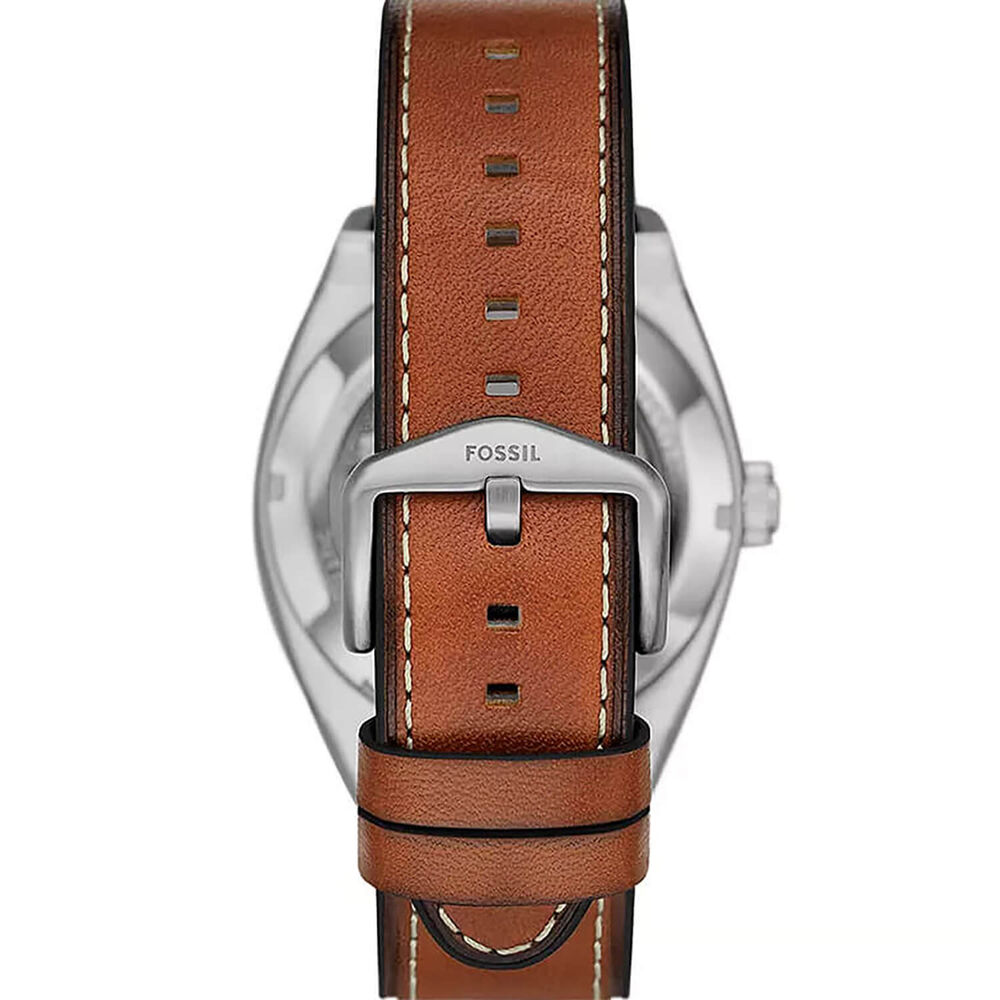 Fossil Everett 42mm Green Skeleton Dial Brown Leather Strap Watch image number 3