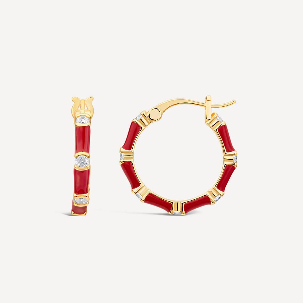 Silver & Yellow Gold Plated Red Enamel & Cubic Zirconia Hoop Earrings image number 2